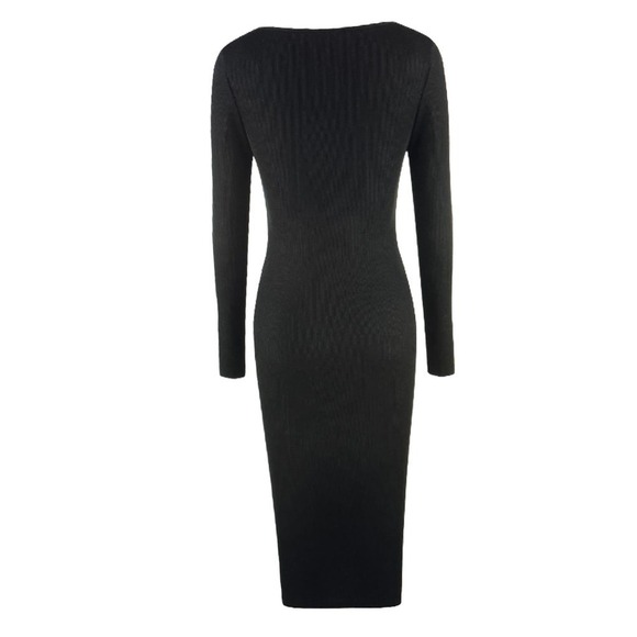 Midi Dress Long Sleeve Bodycon Ribbed Knit Square Neck Stretch Black Size 0 - Picture 2 of 6
